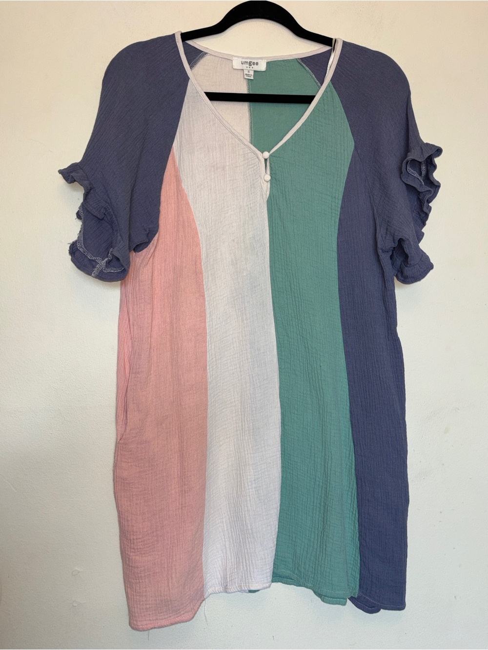 Umgee Boho Cotton Gauze Colorblock V-Neck Tunic Top Dress Sz S Lagenlook Beachy